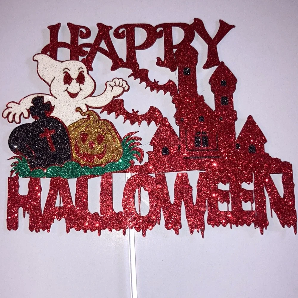 One Happy Halloween Haunted House Ghost Red Glittery Party Cake Topper New